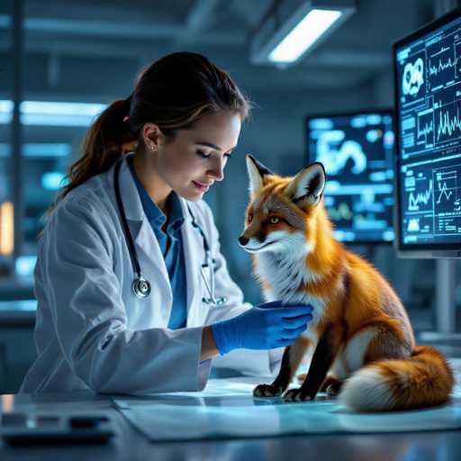 A serene, futuristic veterinary suite features a female vet in a white coat examining a vibrant fox with glowing diagnostic screens. The scene is bathed in cool, soft lighting, creating a cinematic atmosphere. The vet gently holds the fox while analyzing its condition, highlighting a blend of advanced technology and compassionate care.