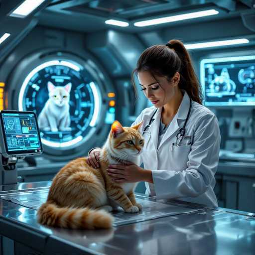 A futuristic veterinary bay features a woman in a white coat gently examining an orange cat-like creature on a metallic table. Holographic monitors display detailed scans, bathed in cool blue light. The scene is ultra-detailed and realistic, showcasing a blend of sci-fi and medical aesthetics in a clean, sterile environment.