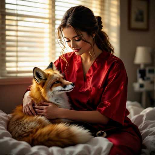A serene, cinematic image captures a woman in a crimson silk robe gently cradling a trembling fox. Soft golden light filters through window blinds, highlighting the intimate moment of comfort and connection between the woman and the animal. The focus is soft, emphasizing a realistic, dreamlike atmosphere.