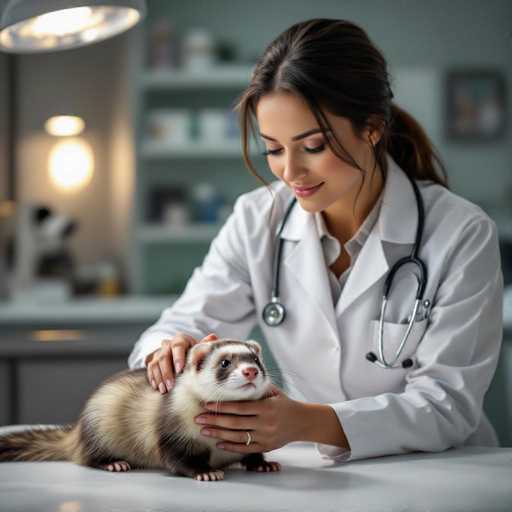 A veterinarian in a white coat gently strokes a sick ferret on a clean, white surface. The focus is on the close interaction between the vet and the animal, highlighting a calm, caring atmosphere. The soft-focus background emphasizes the intimate setting within a high-end clinic with dramatic lighting, creating a photorealistic and serene scene.