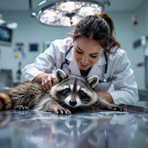 A compassionate veterinarian in a white coat gently examines a wounded raccoon on a sterile, polished surface. The scene is bathed in bright overhead lighting, creating a soft reflection of the vet's face on the shiny surface. The ultra-detailed, high-resolution photo realism captures a tender moment of care in a modern veterinary setting.