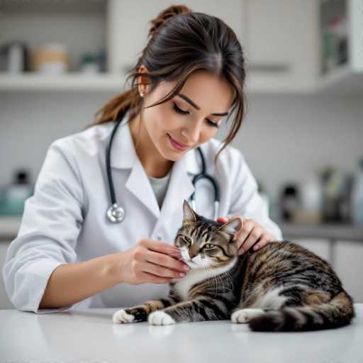 A gentle, photorealistic image depicts a female veterinarian in a minimalist clinic tenderly cleaning a stray cat's paw. The focus is soft, highlighting the vet's caring expression and the intimate interaction with the animal. The spatial relationship emphasizes a calm, close-up scene in a clean environment.
