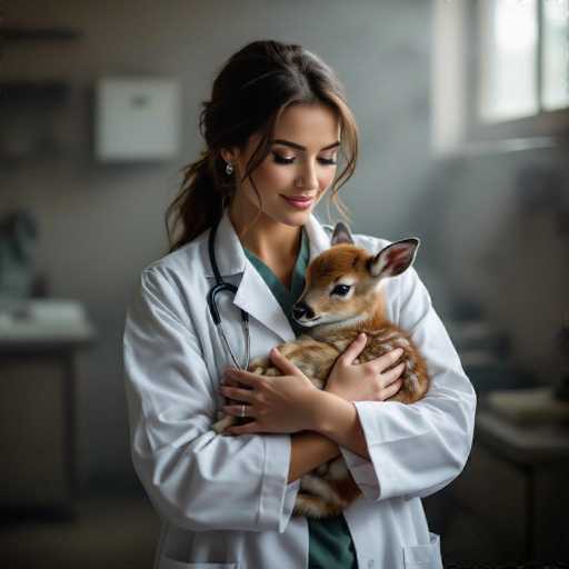 A gentle, sultry veterinarian in a white coat cradles a tiny fawn in a misty mountain clinic. The soft backlighting and ethereal fog create a hyperrealistic, intimate scene emphasizing the tender connection between the vet and the newborn creature. The focus is on the delicate interaction, highlighting a serene moment of care.