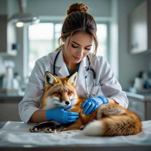 A compassionate veterinarian in a white coat tenderly cradles a wounded fox in a softly lit, modern veterinary clinic. The image showcases a close spatial relationship between the human and animal, emphasizing care and gentleness. Hyper-realistic photography captures a cinematic depth of field, drawing focus on the intimate interaction between the healer and the creature.