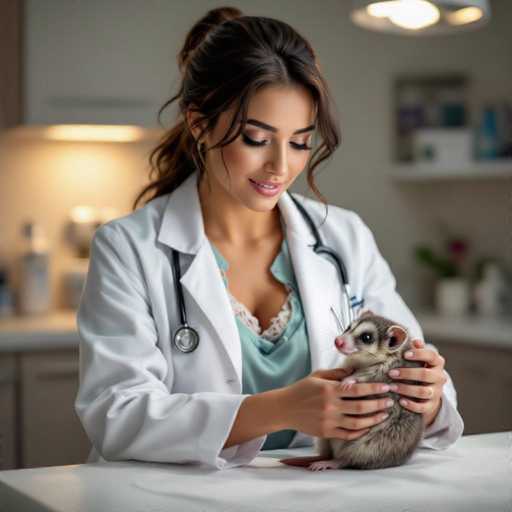 A gentle, sultry veterinarian in a white coat and stethoscope tenderly holds a small, shivering possum in a softly lit, luxurious clinic. The image features photorealistic detail and warm ambient lighting, emphasizing the intimate interaction between the healthcare professional and the vulnerable animal.