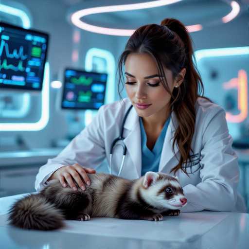A captivating, ultra-high-definition photorealistic image depicts a seductive veterinarian in a futuristic veterinary clinic. She gently leans over a sleeping ferret on a white surface, her expression tender yet alluring. Floating monitors with glowing screens and neon accents create a modern, softly lit atmosphere. The focus is on the intimate interaction between the vet and the animal.