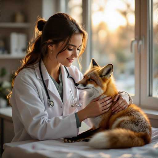 A young veterinarian in a white coat gently cradles a wounded fox in a sunlit clinic. The warm, golden light highlights the intimate close-up, showcasing a tender moment of care and healing. The shallow depth of field draws focus on the pair, creating a cinematic, realistic image with elegant details.