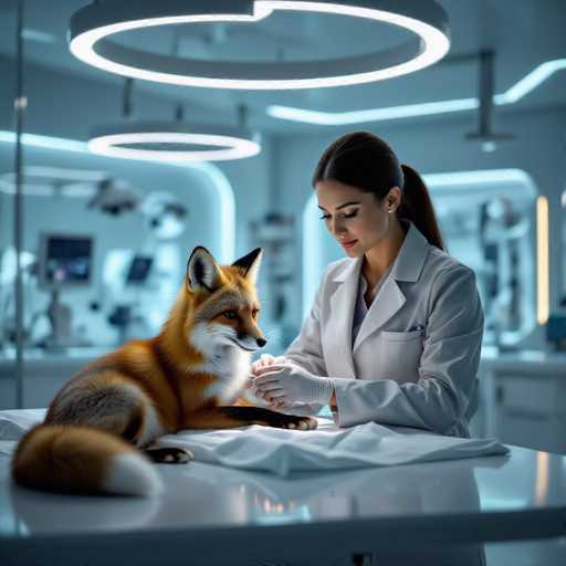 In a futuristic, softly lit clinic with transparent walls, a skilled veterinarian in a tailored coat gently stitches a fox's ear. The scene is ultra-realistic, with a shallow depth of field emphasizing the intimate interaction between the vet and the animal. The overall style is clean, modern, and focused on a calm, professional atmosphere.