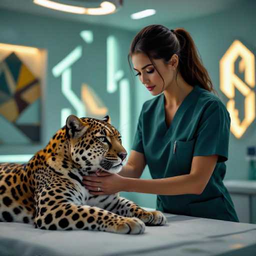 A captivating scene unfolds in a modern art deco clinic: a young, alluring veterinarian gently examines a scarred leopard. The sleek animal lies on a pristine surface while the vet's focused gaze and touch create a sense of intimate care. Geometric patterns on the walls, soft spotlights, and cinematic depth enhance this high-resolution realism, highlighting a unique bond between human and animal.