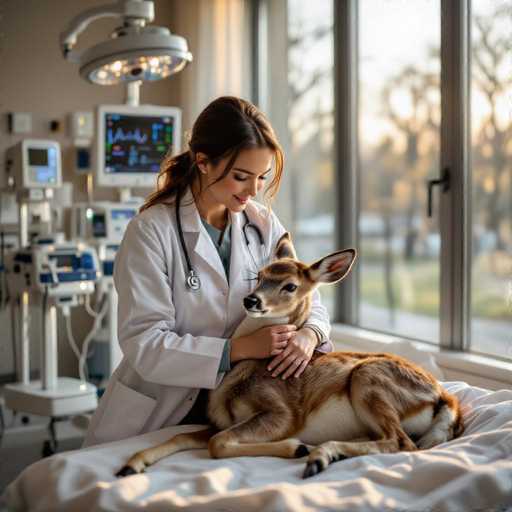 A serene, ultra-realistic image captures a compassionate veterinarian in a white coat gently cradling an injured deer. Golden-hour light streams through floor-to-ceiling windows, illuminating the scene within a modern veterinary clinic. The focus is on the tender interaction between the vet and the deer, highlighting a calm, intimate moment of care.