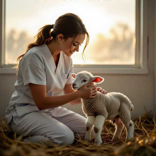 A gentle, serene scene unfolds in a minimalist clinic with a high-resolution, realistic aesthetic. A young veterinarian, dressed in white scrubs, crouches beside a newborn lamb with a bandaged leg. Her hand tenderly cradles the lamb's head, bathed in a warm golden hour glow filtering through a misty window. The focus is on the intimate connection between the vet and the vulnerable creature, emphasizing compassion and care.